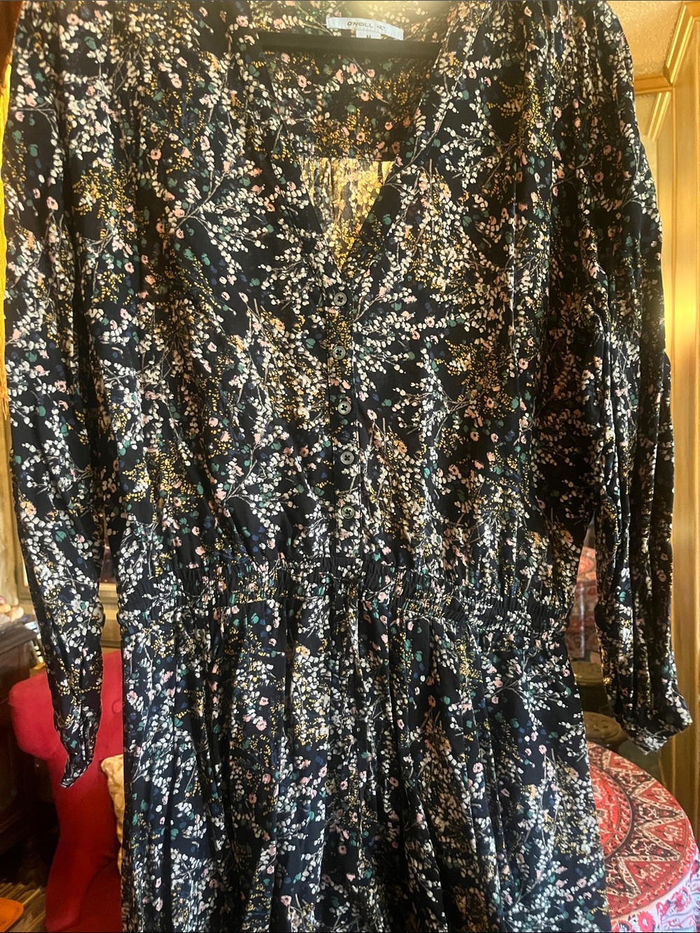 O'Neill Black Floral Long-Sleeve Button Dress